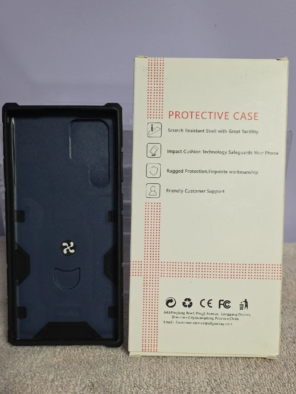 Rugged Navy Blue Phone Case with Rotating Ring Stand and Camera Cover